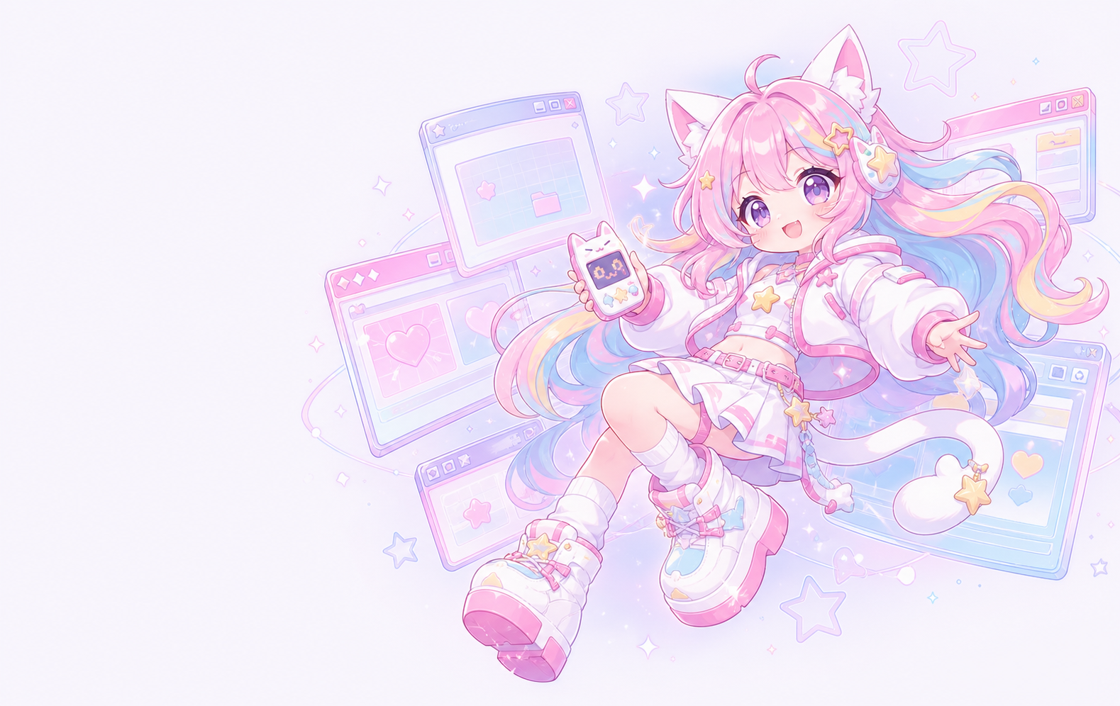 Chiyo, a pastel cat-girl mascot floating among tiny browser windows
